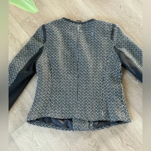 Sandro Monochrome Tweed Jacket Motorcycle Jacket w/ Leather Trim - Picture 6 of 6